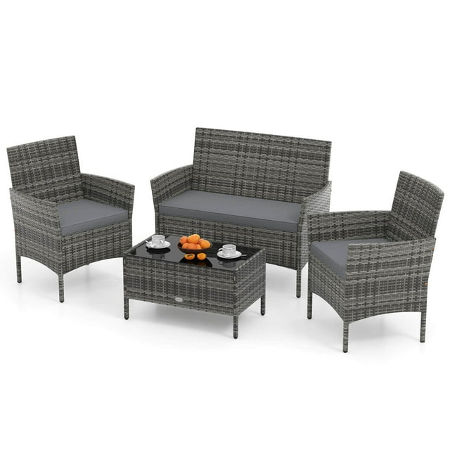Gymax Set of 4 Furniture Set w/ Washable Cushions & Tempered Glass Coffee Table Patio