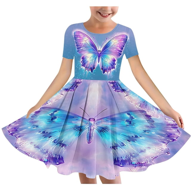Tauxra Robe Patineuse Trapèze pour Filles à Manches Courtes, Col Rond, Extensible, Robe Décontractée de Fête pour Enfants, Imprimé Papillon, Robe de Danse Tournoyante pour l'École, Récital, Tenue Quotidienne, Âges 4-14 Ans