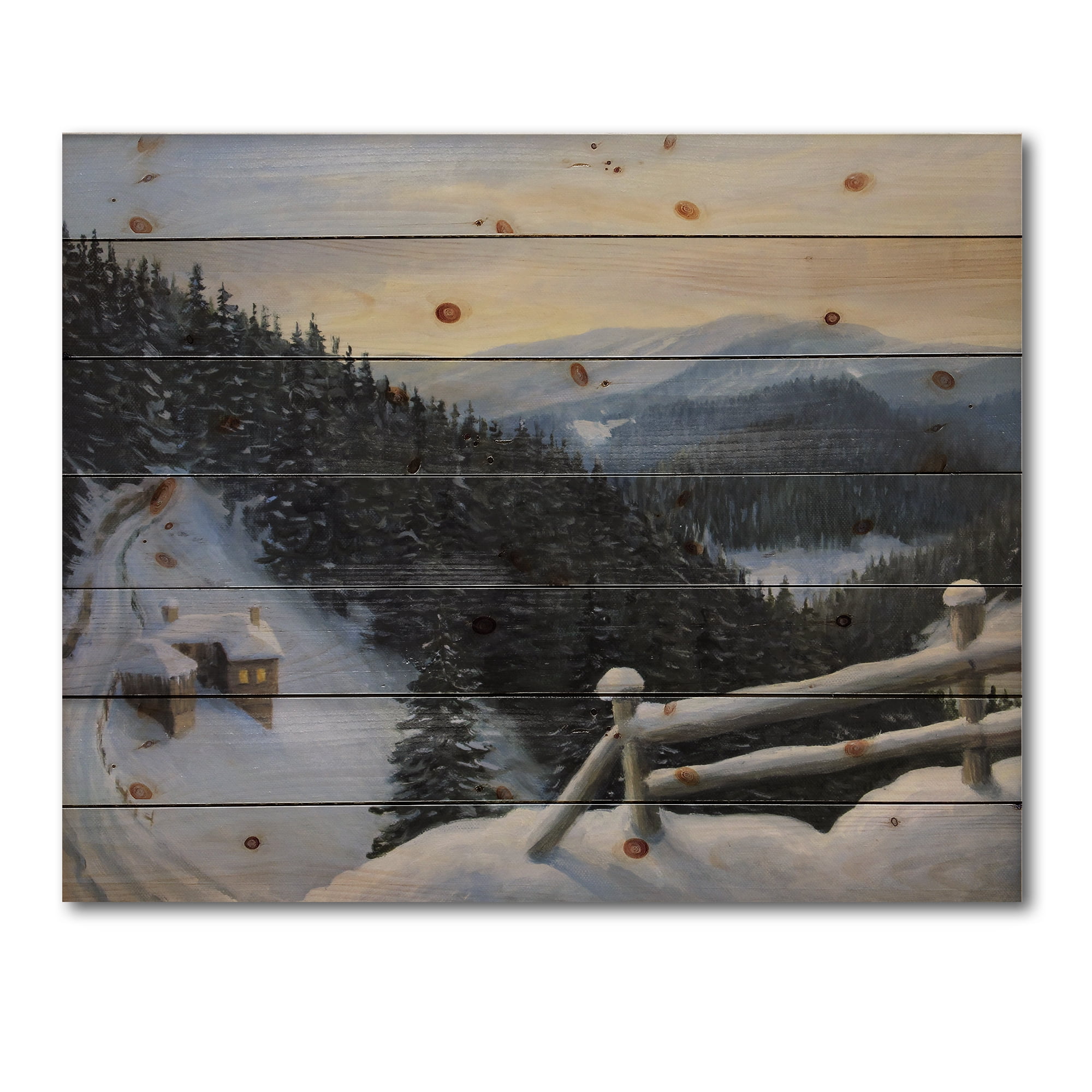Designart 'View On Snowy Mountain Tops At Evening Glow' Traditional Print on Natural Pine Wood