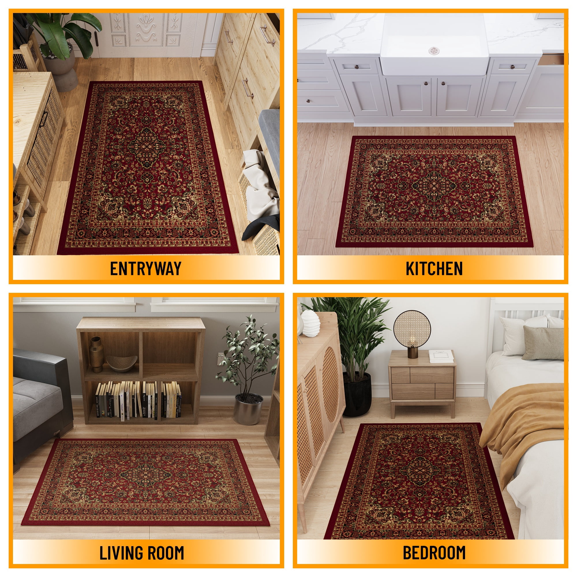 Ottomanson Medallion Area Rug 3'3" x 4'7" - Non Slip Low Pile Carpet, Red