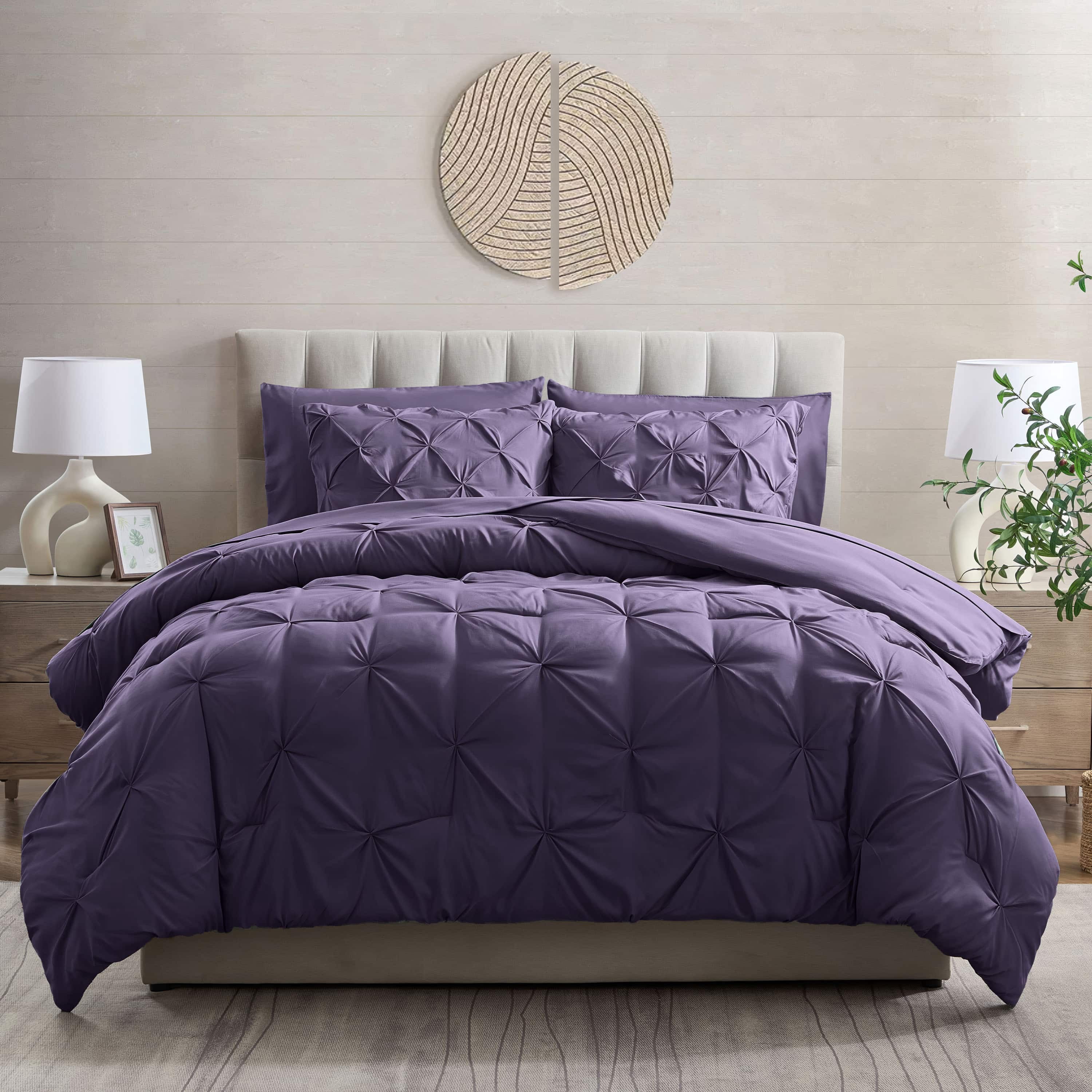 LammaLoe Twin Comforter Sets, 5 Piece Bed In A Bag Pintuck Bedding Sets, Purple