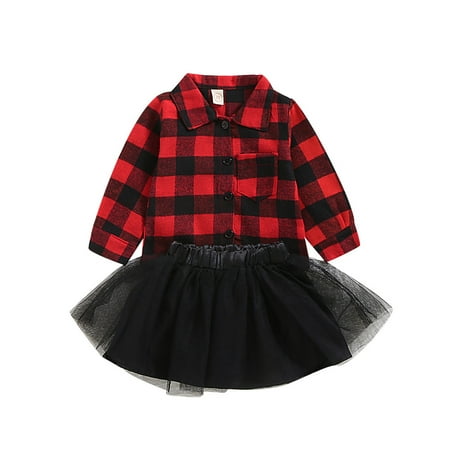 

Girls Autumn Outfit Sets Long Sleeve Lapel Deer Print Plaid Shirt Black Mesh A-Line Skirt