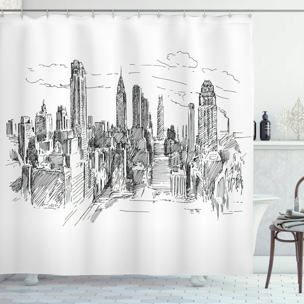 New York Shower Curtain Hand Drawn Nyc, New York City Skyline Shower Curtain
