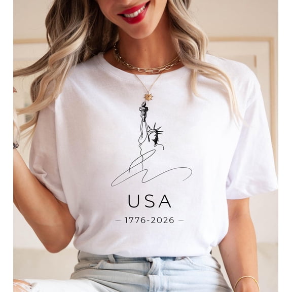 VibeNest Studio Unisex Statue of Liberty USA 1776-2026 Line Art Patriotic 4th of July Graphic T-Shirt