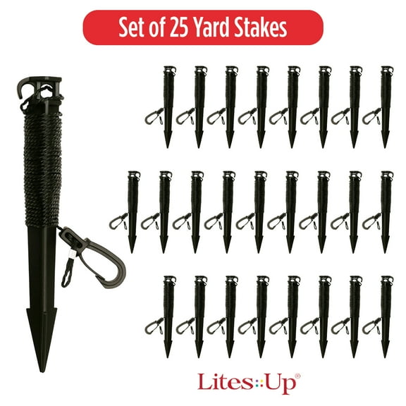 Lites-Up Brand 8 in. Ground Stakes with 8 ft Rope for Inflatable Outdoor Decorations - Black - Set of 25