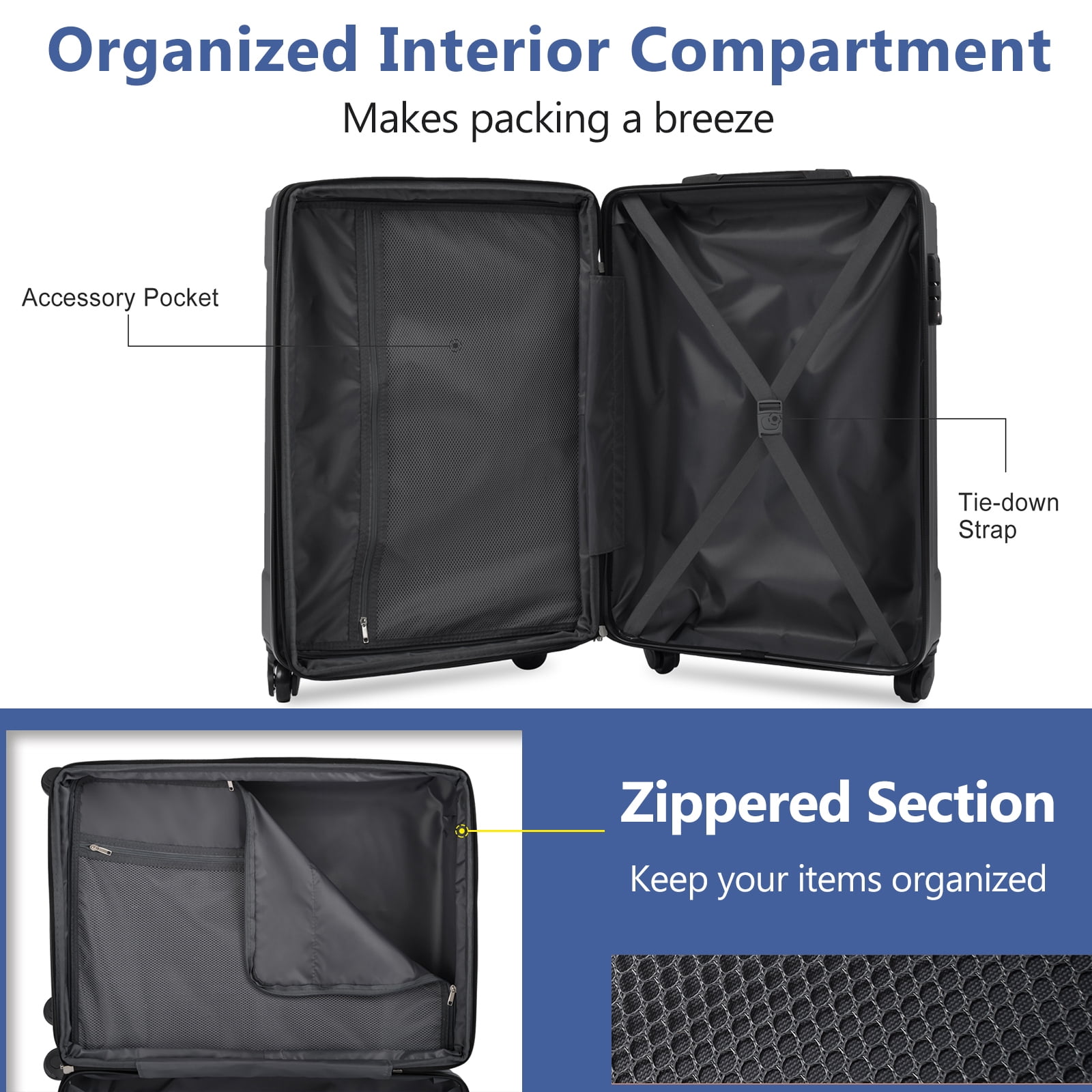 EUROCO 3 Piece Luggage Set, Expandable Hardshell Suitcase with TSA Lock and Double Spinner Wheels,ABS Lightweight Durable Travel luggage Set(20"/24"/28"),Inky Blue
