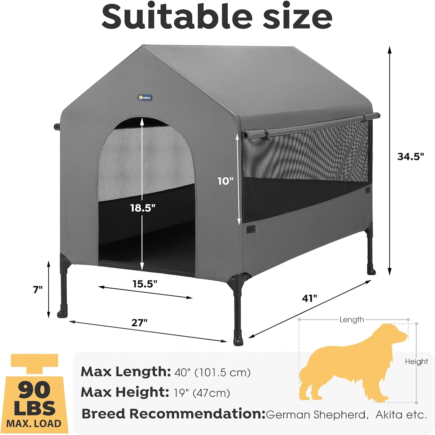 35" Dog House, 2-in-1 Large Dog House Outdoor Indoor Weatherproof, Outside Elevated Dog Cot Bed Dog Tent Shade, Three-Sided Breathable Mesh Windows and Sunshades, CWC2435CP