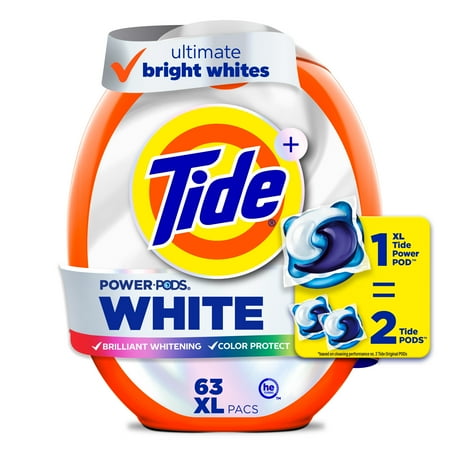 Tide Power PODS White Laundry Detergent Pacs, Brilliant Whitening + Color Protect, 63 Count