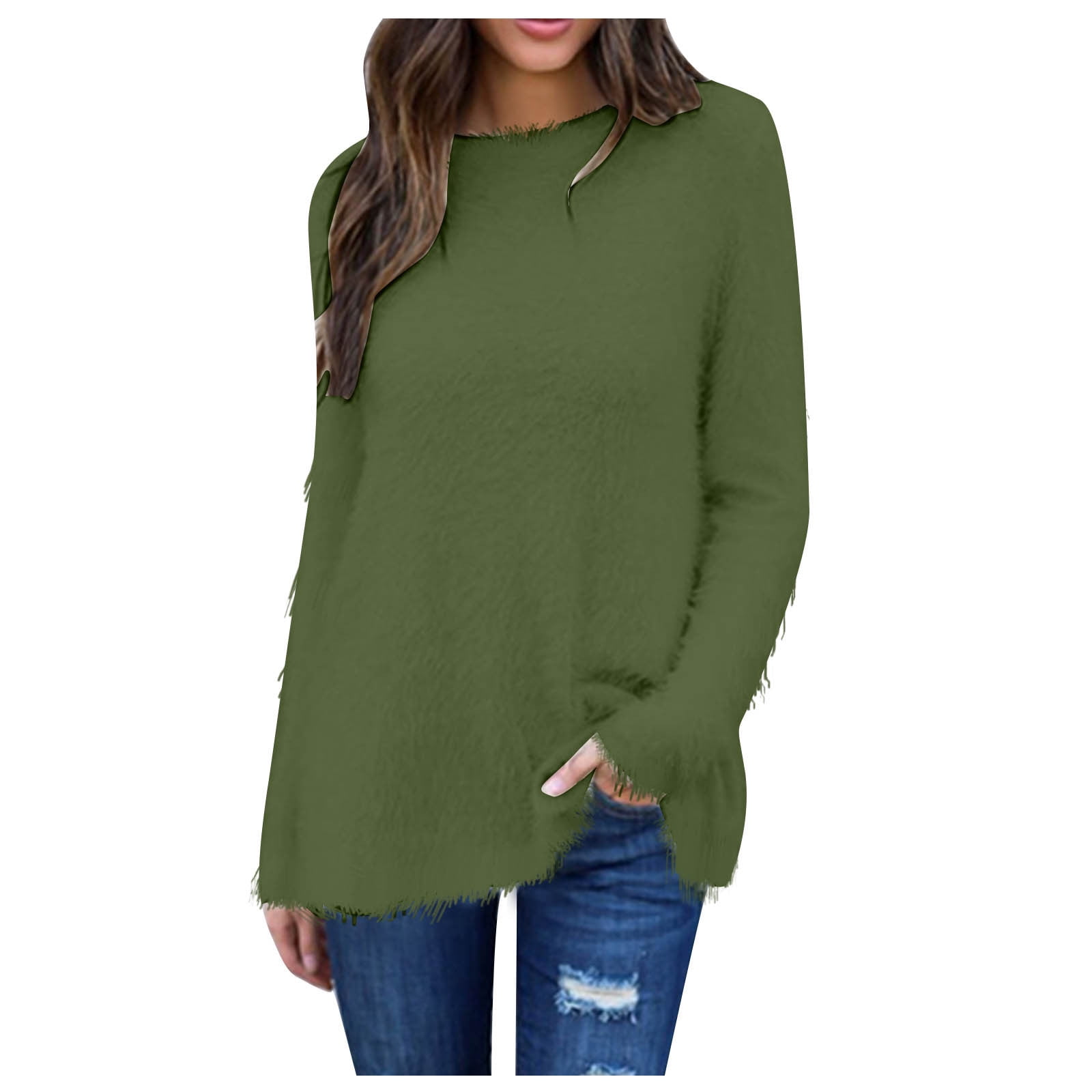 FAIWAD Women's Sweater Long Sleeve Round Neck Sweater Fall Winter Cusual Solid Color Pullover Tops