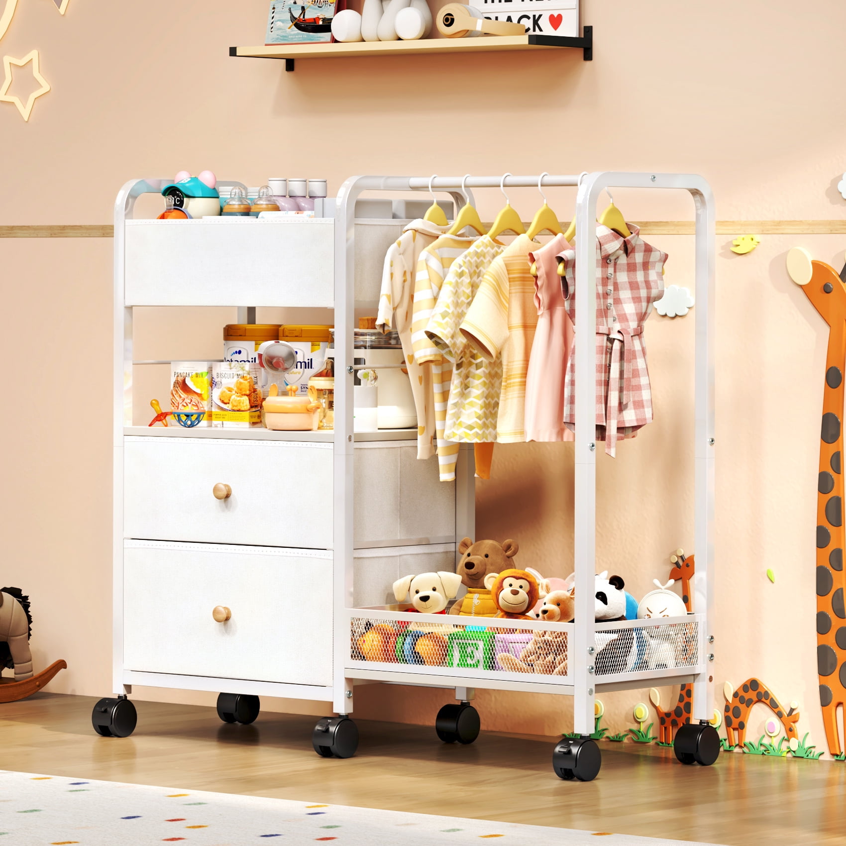 TC-HOMENY Baby All Essentials Diaper Toys Organizer Cart with 3-Tier Side Storage Space, Stroller Nursery Essentials & Craft Organizer Rolling Utility Cart, Kids Garment Rack w/ 1 Hanging Rod, White