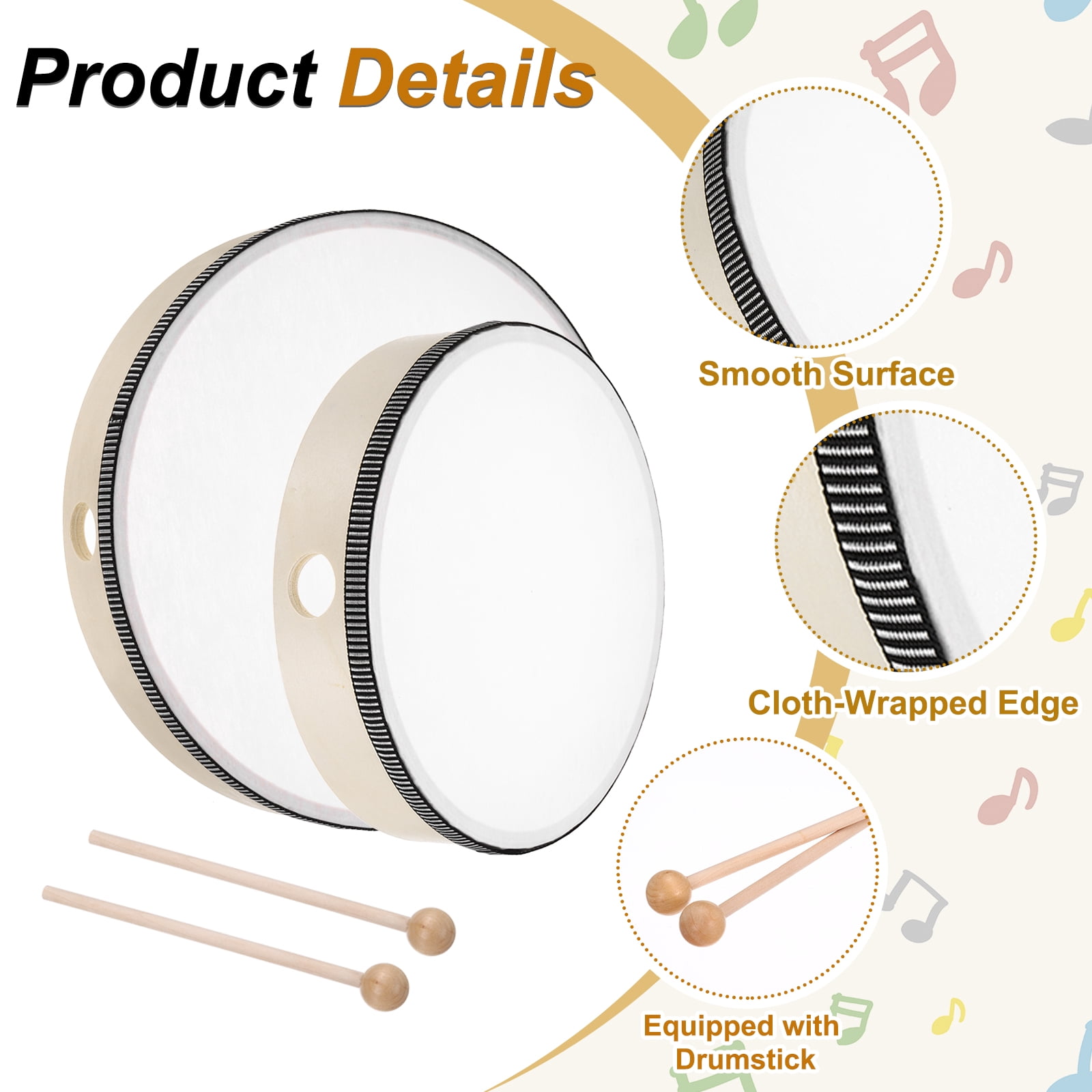 Uxcell 2 Pcs Hand Drum Music Percussion 10 Inch & 8 Inch Wood Frame Drum Set with Drum Stick Musical Instrument for Musical Education Home Party Performance Supplies (Wood Color)
