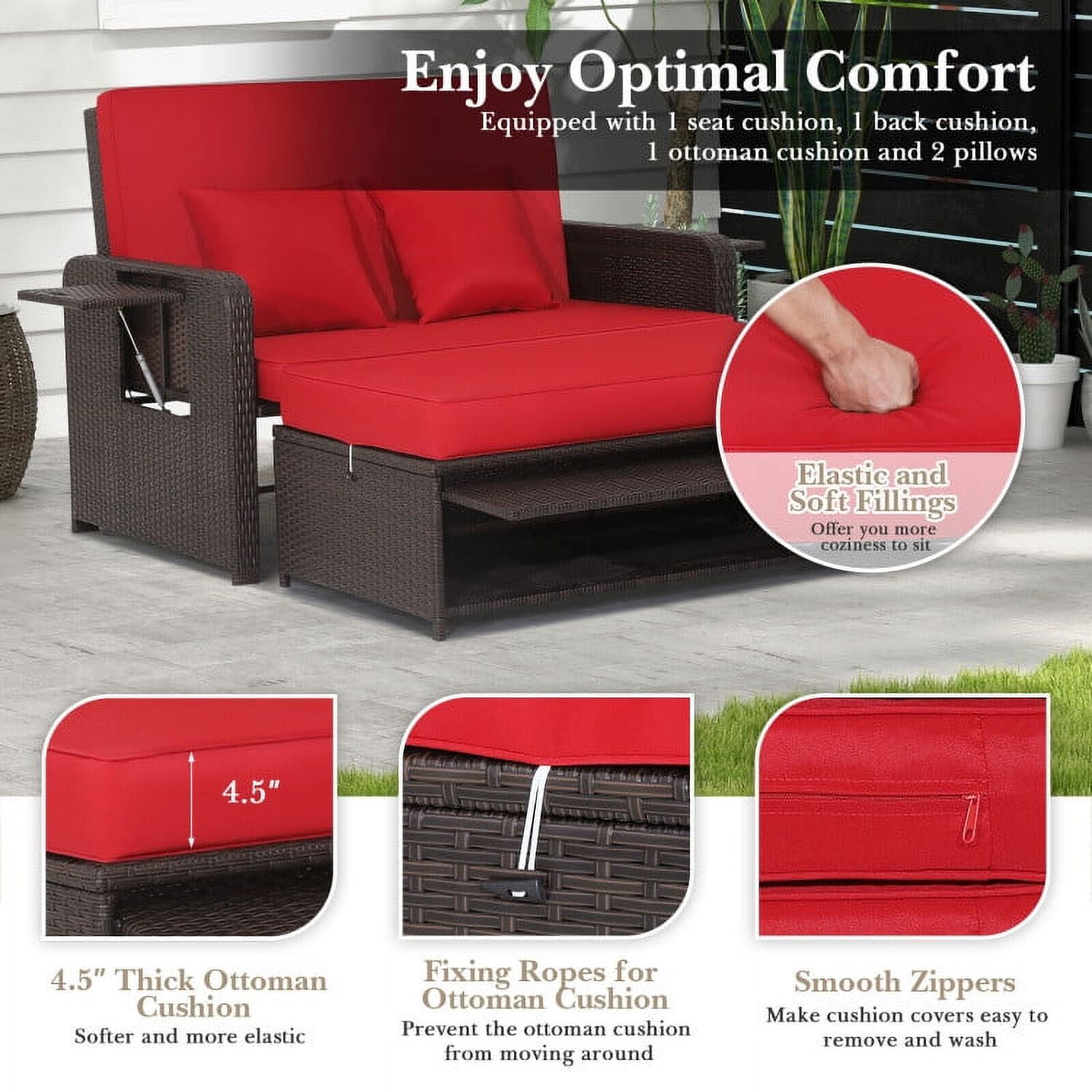 Aimee Lii Patio Rattan Daybed with 4-Level Adjustable Backrest and Retractable Side Tray, Outdoor Patio Set, Red Aimee Lii Patio Rattan Daybed with 4-Level Adjustable Backrest and Retractable Side Tray, Outdoor Patio Set, Red