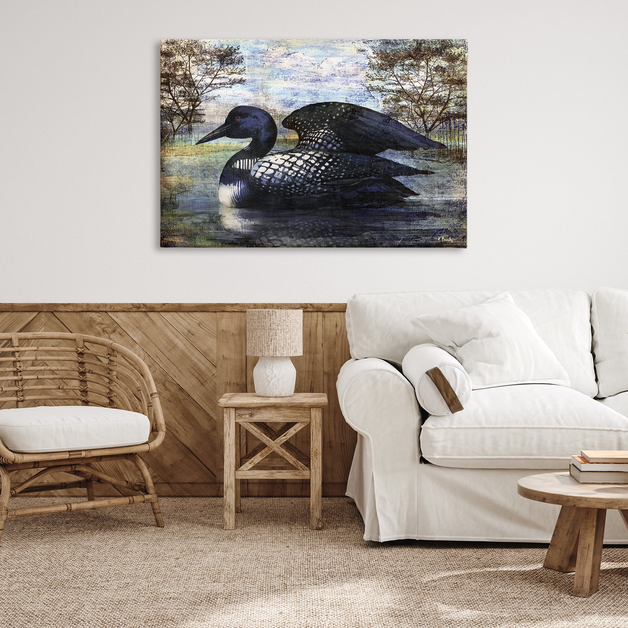 Stupell Industries Loon in Rustic Pond Animals Painting Wrapped Canvas Art Print Wall Art, 45 x 30