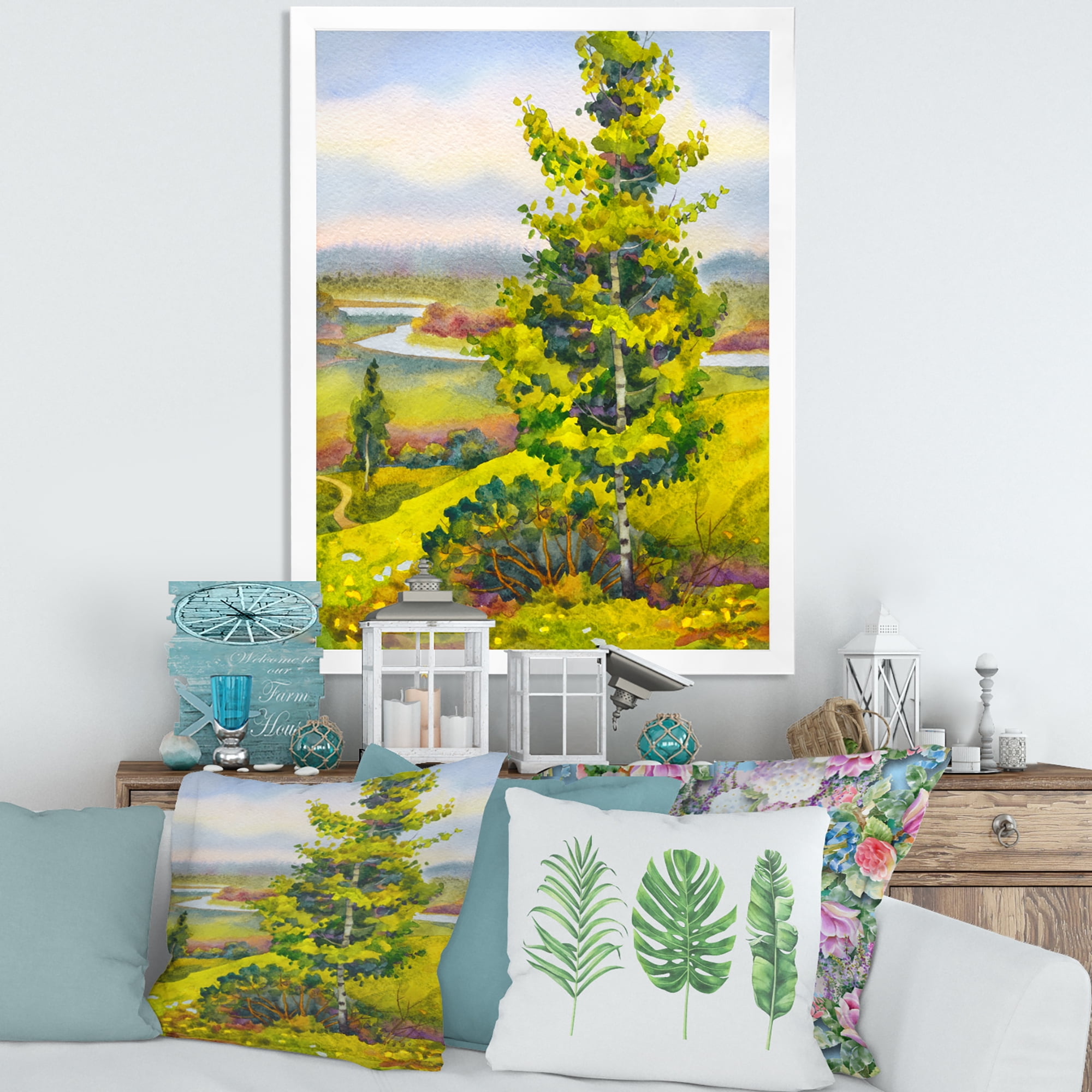 Designart 'Colorful Young Orange Betulas Along Bank Of Calm Bay' Lake House Framed Art Print