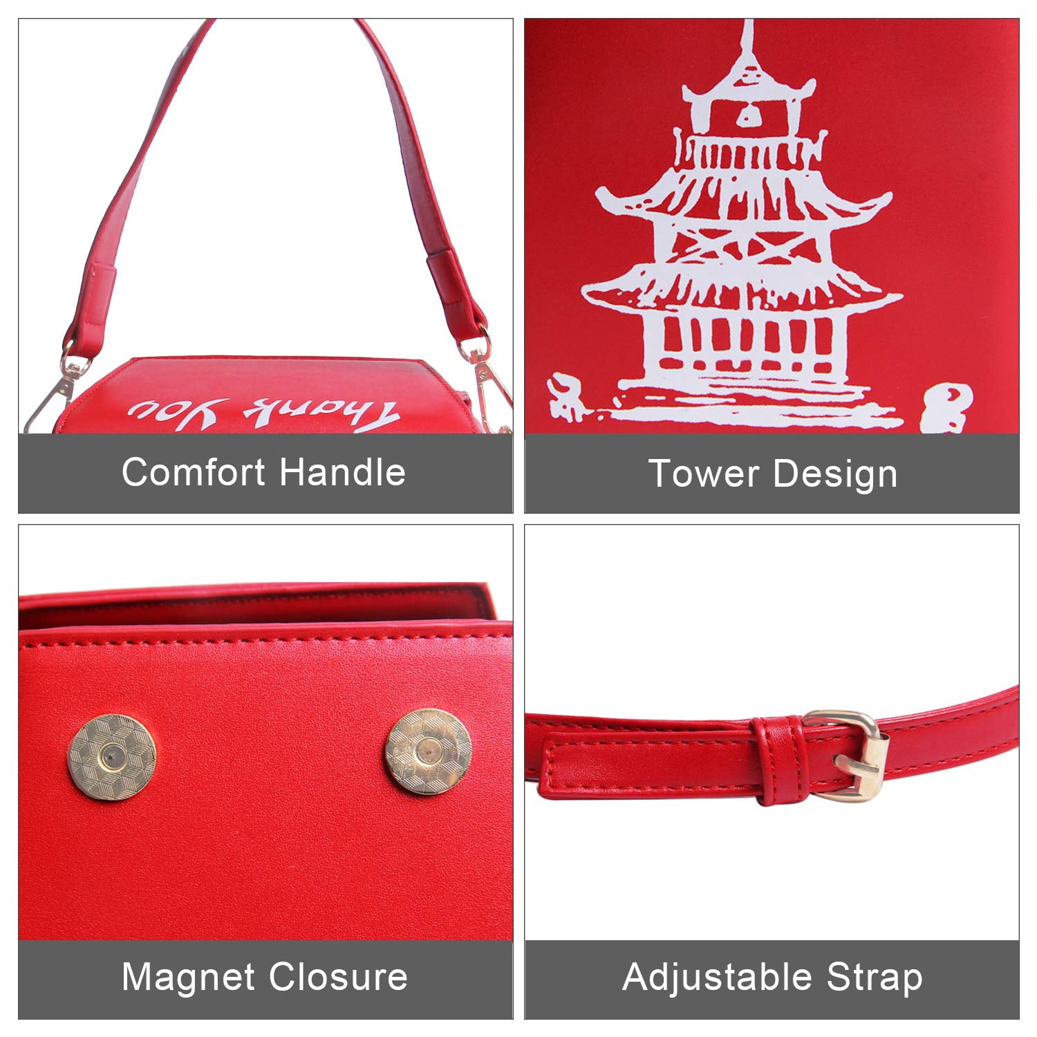 Women Novelty Chinese Takeout Purse Tower Print Crossody Shoulder Bag Box Totes with Comfortable Chain Strap