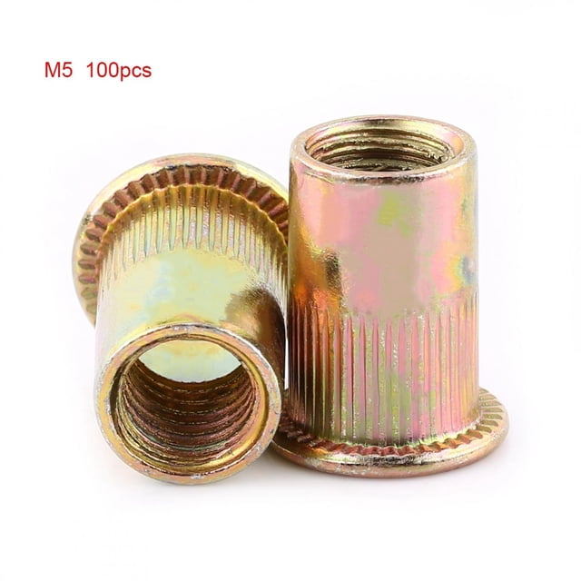 m3-m12 tuerca de remache tuercas de remache de acero al carbono brida de tuerca de remache tuerca de rivnut nutsert m5 100pcs amonsee M5 100 piezas, dos tuercas remachables de cabeza plana galvanizadas en primer plano; una acostada mostrando el orificio y la rosca interior, la otra vertical mostrando la brida circular y la pared lateral con superficie antideslizante parcial; fondo blanco. Suelen usarse como sujetador para paneles y ensamblajes ligeros.