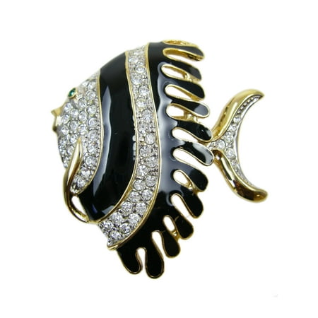 Black Angel Fish Brooch Pin With Clear Rhinestones