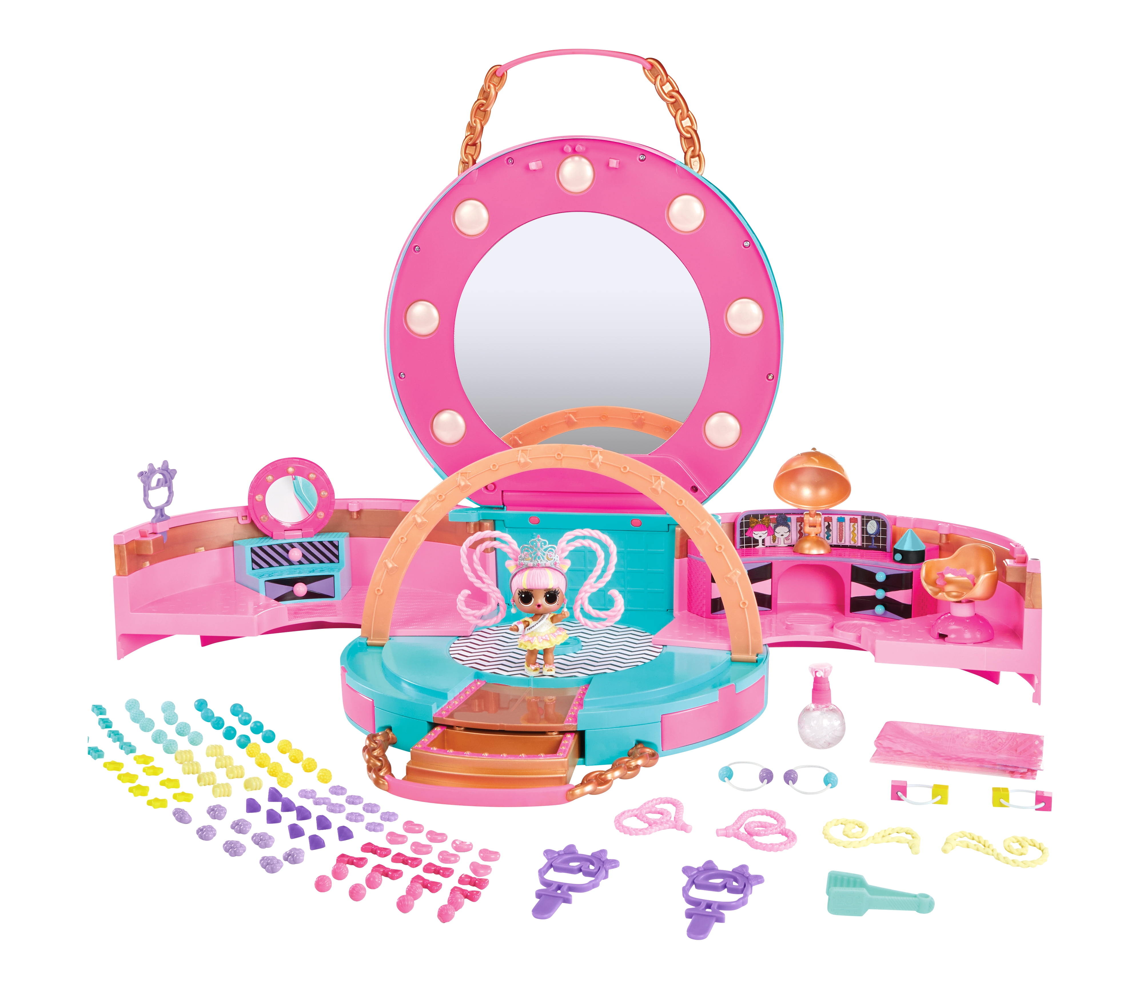 LOL Surprise Hair Beads Salon Playset with Doll, 100 Beads, Hair Ties, Mirrors, Kids Gift Ages 4+