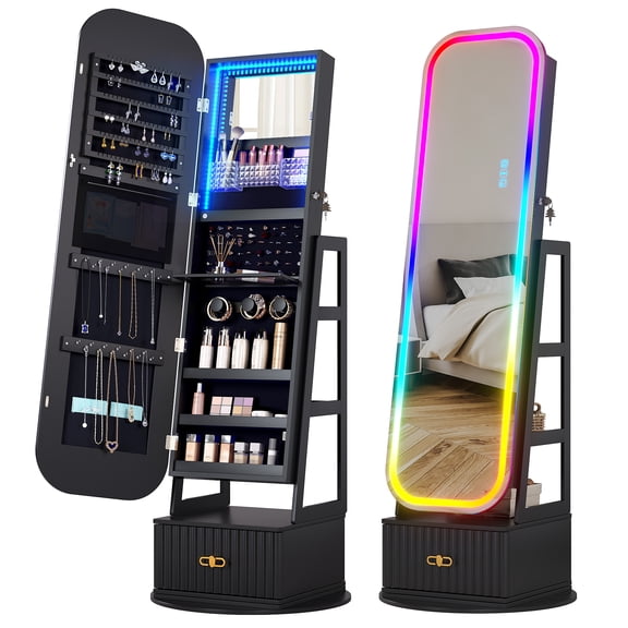 VKCC Jewelry Cabinet with RGB Mirror,360° Swivel Jewelry Armoire,Full Length Mirror with Storage,Standing Jewelry Armoire,Black