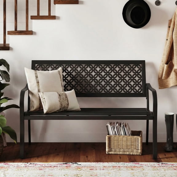 Dovov Oversized Outdoor Bench, Modern Patio Bench Steel Garden Bench Metal Bench Loveseat with Geometric Backrest, Black