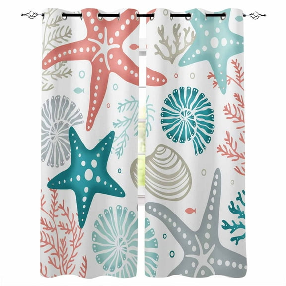 Fsddascl Red Teal Starfish Coastal Blackout Curtains for Bedroom/Living Room, Thermal Insulated Kitchen Curtains, Summer Beach Nautical Coral Sea Grommet Darkening Window Treatment Drapes 52"x90"x2