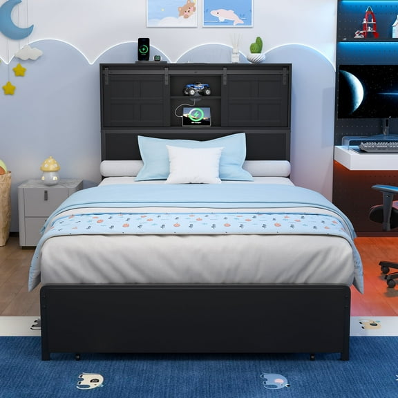 Farmhouse Twin Size Bed Frame with Storage Headboard & Drawer, Platform Bed with 3-in-1 Charging Station, Upholstered with Metal Slats Support (Black)