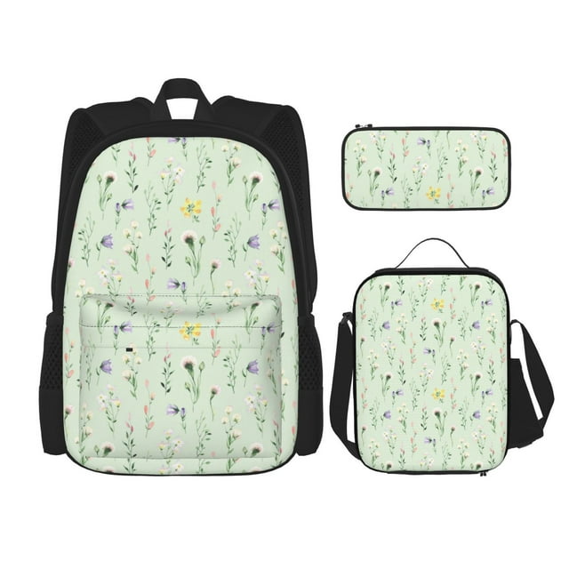 Sikiie Wildflower Watercolor 5 Print Backpack Lunch Bag Pencil Case Set, Durable Backpack Combination Three-piece Set Suitable for Campus, Office, Unisex