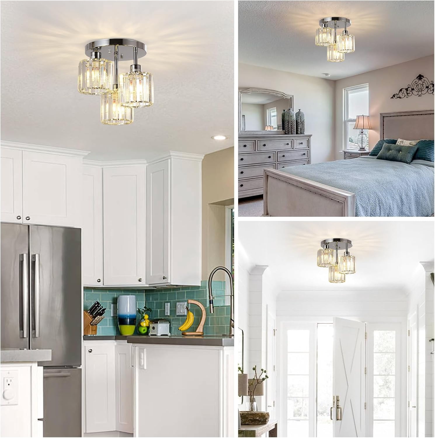 Table Lamp Semi Flush Mount Ceiling,3-Light Kitchen Mount,Hallway Light Fixtures Ceiling with Clear Crystal Shades for Kitchen Entryway Bedroom Bathroom Foyer,Bedroom Lamp