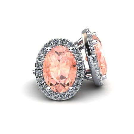 1 Carat Oval Shape Morganite and Halo Diamond Stud Earrings In 10 Karat White Gold