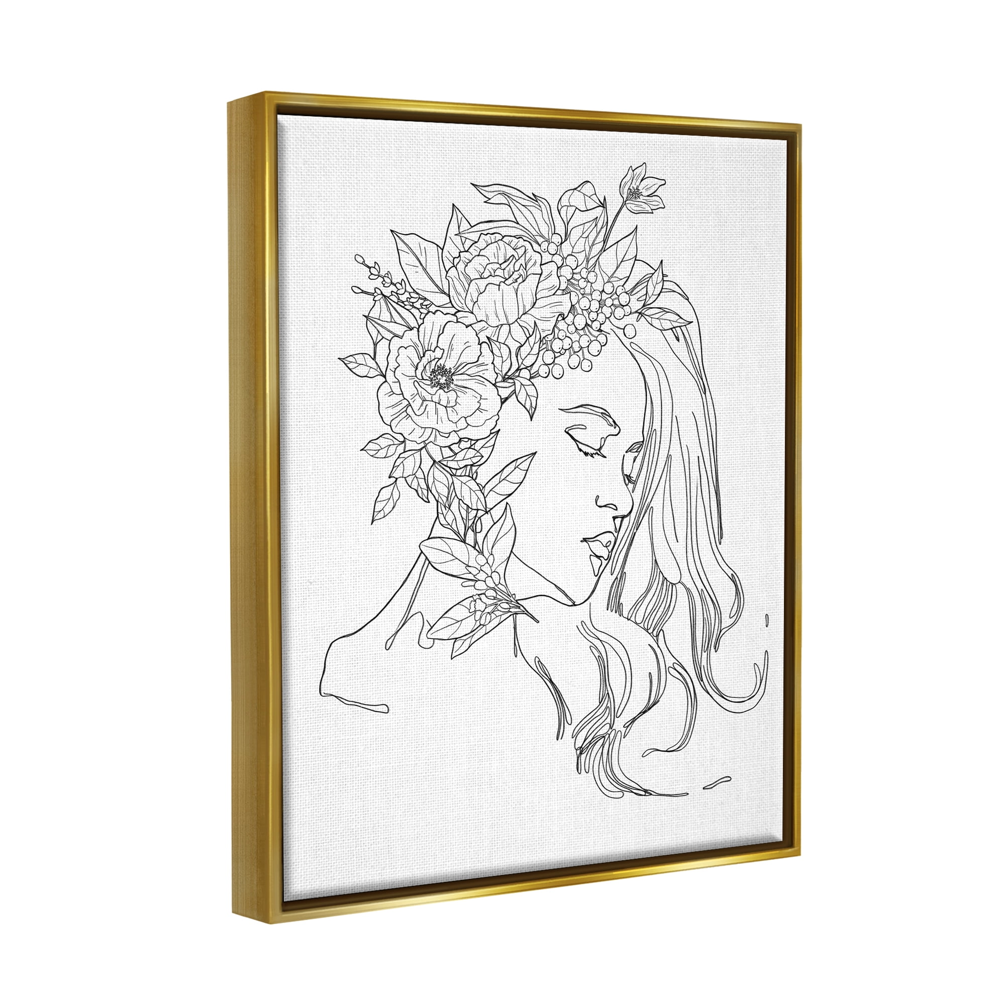 Stupell Industries Woman Face Detailed Blossoming Flowers Line Drawing Graphic Art Metallic Gold Floating Framed Canvas Print Wall Art, Design by Ziwei Li