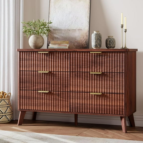 Senfot Fluted 6 Drawer Dresser for Bedroom, 47.2" Wide Design, Elegant Wooden Chest of Drawers with Gold Handles, Perfect for Living Room and Bedroom, Walnut