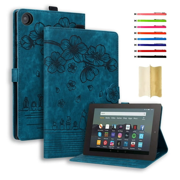Case for Amazon Fire HD 10 (9th/7th/5th Generation, 2019/2017/2015 Release), Embossed Multiple Viewing Angles PU Leather Magnetic Stand Flip Folio Case Cover with Card Slots & Pencil Holder, Blue
