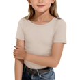 thumbnail image 2 of Resicozy Girls Shirts Cute Basic Tees Summer Ribbed Top Teens Short Sleeve Vacation T-Shirt for Kids 5-13 Years Beige 130, 2 of 7