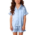 thumbnail image 4 of Girl's Silk Satin Loungewear Set 3Pcs Short Sleeve Button-Down Shirts with Shorts and Pants Lounge Sets Lightweight Summer Casual Outfits, 4 of 6
