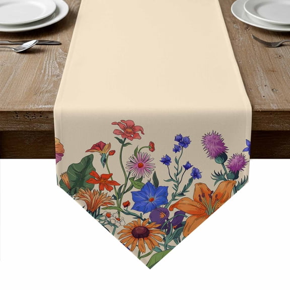 Spring Floral Table Runner Linen Burlap Table Runner 72 Inches Long Purple Yellow Flower Farmhouse Dresser Scarves for Kitchen Island Coffee Dining Room Party Holiday Decoration 13"x72"