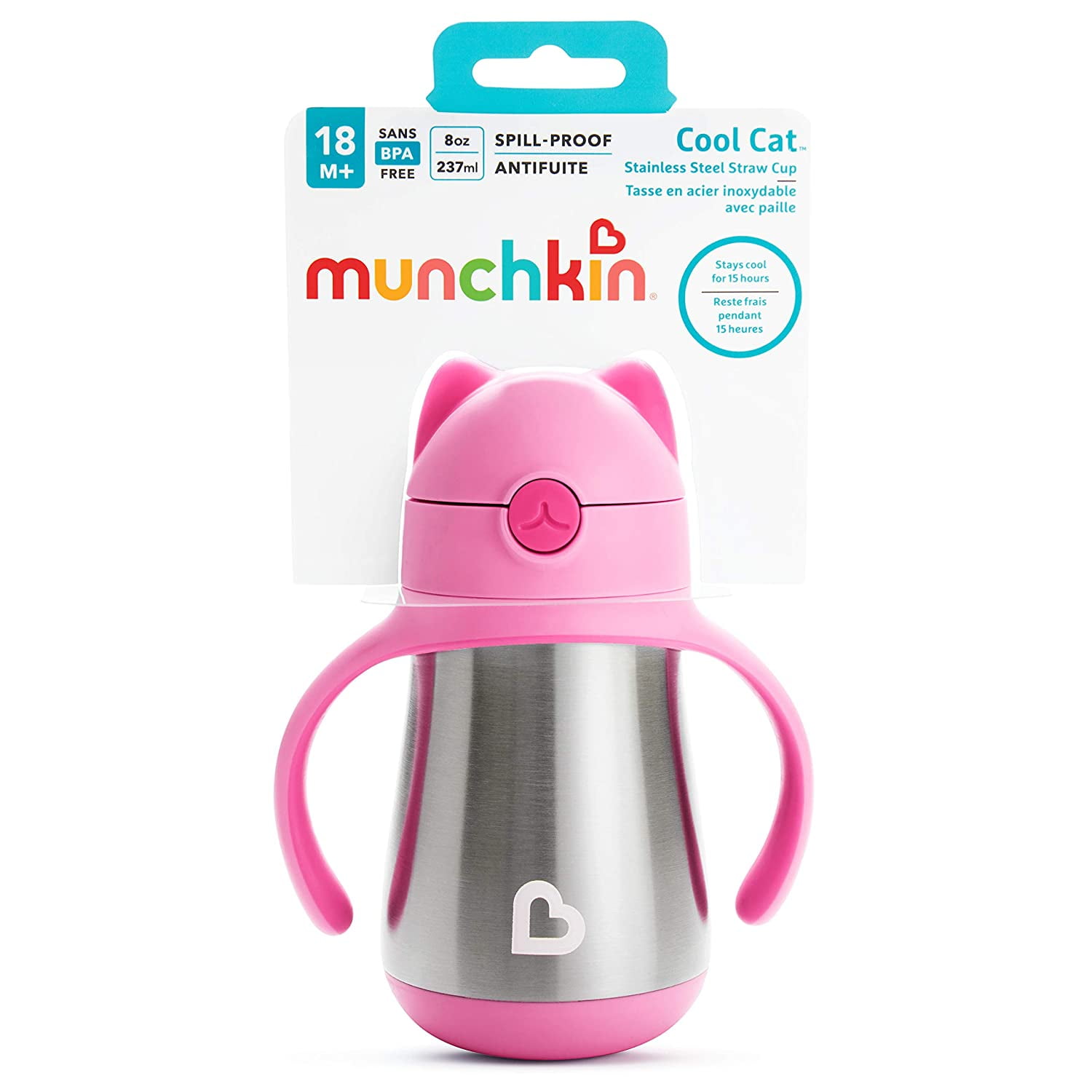 Munchkin® Cool Cat™ Stainless Steel Toddler Straw Sippy Cup, 8 oz, Pink, Unisex