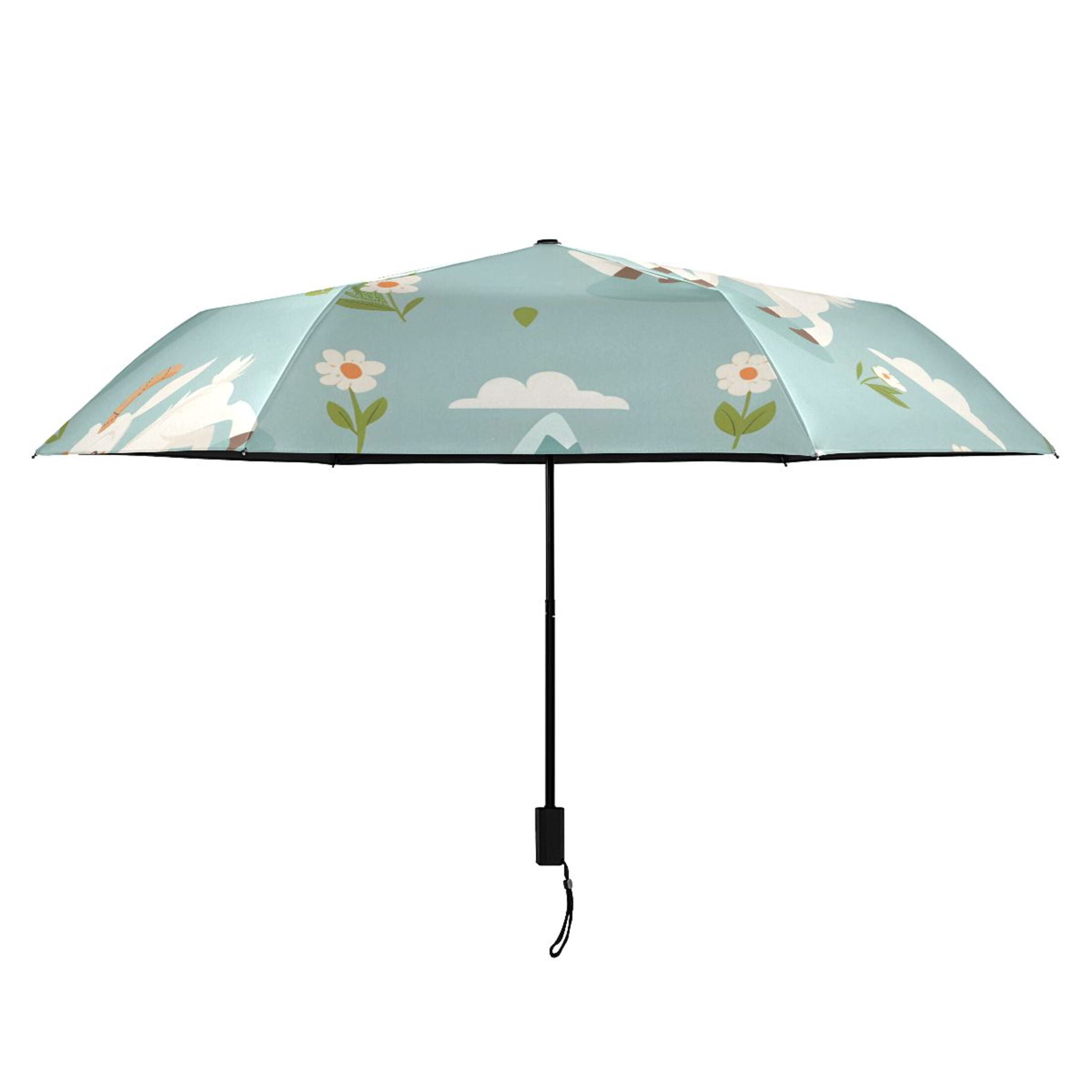 Cartoon Goats Mountains Clouds Flowers All Weather Umbrella Triple Folding Parasol 6 Ribs UV Protection Portable