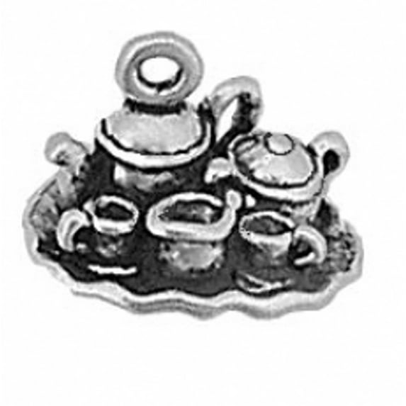 Sterling Silver 16" .8mm Box Chain 3D Tea Set Pendant Necklace