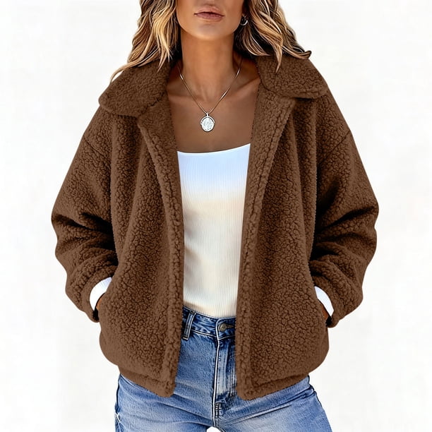 HongQid Women's Coat Casual Lapel Fleece Fuzzy Faux Shearling Zipper Coats Warm Winter Cropped Outwear Jackets