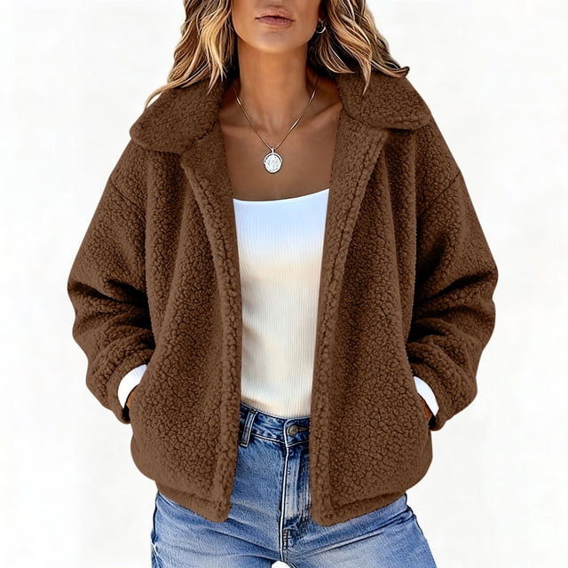 HongQid Women's Coat Casual Lapel Fleece Fuzzy Faux Shearling Zipper Coats Warm Winter Cropped Outwear Jackets