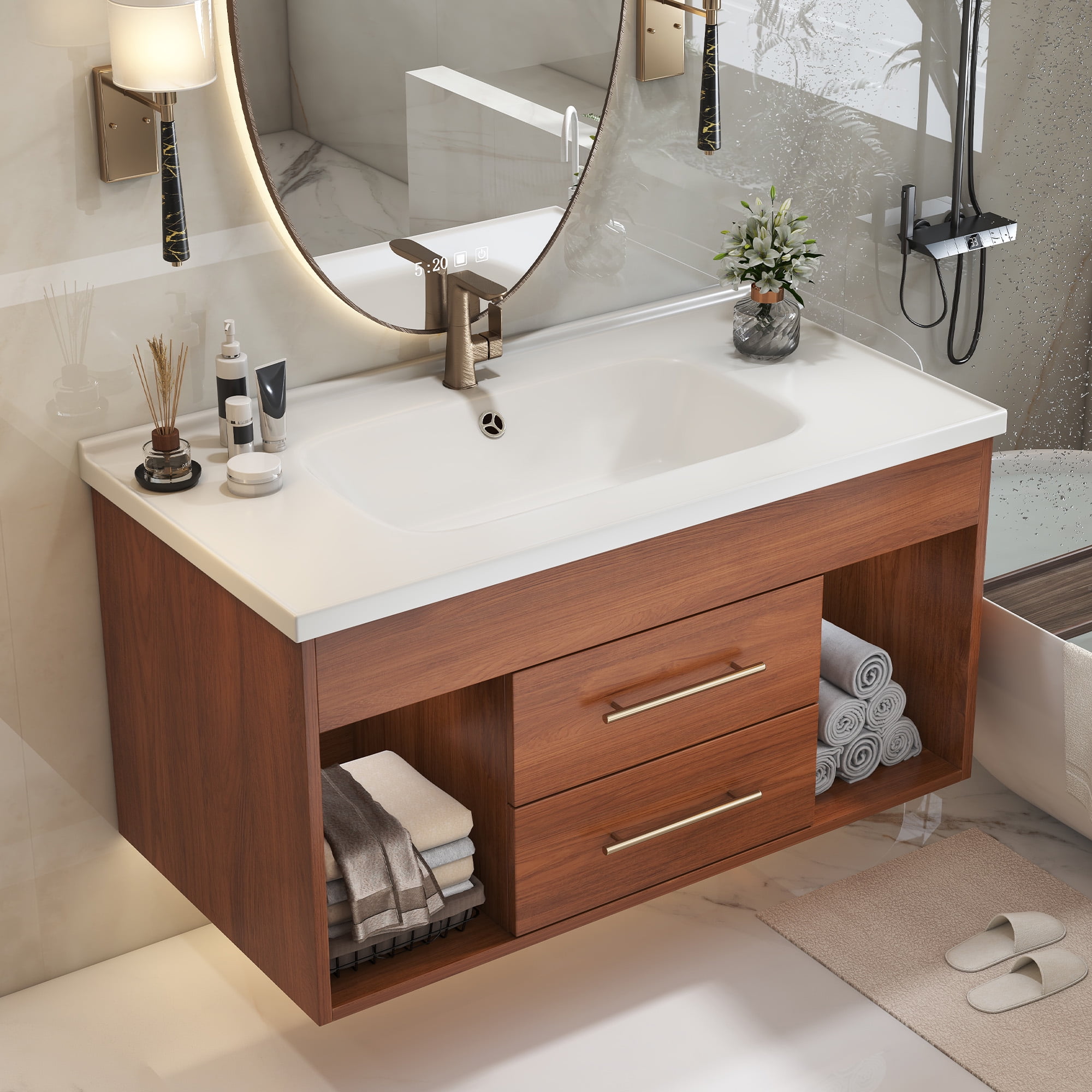 35.4" Mid-Century Modern Bathroom Vanity with Integrated Ceramic Sink, Freestanding Vanity with 2 Drawers & Open Shelf, White and Walnut