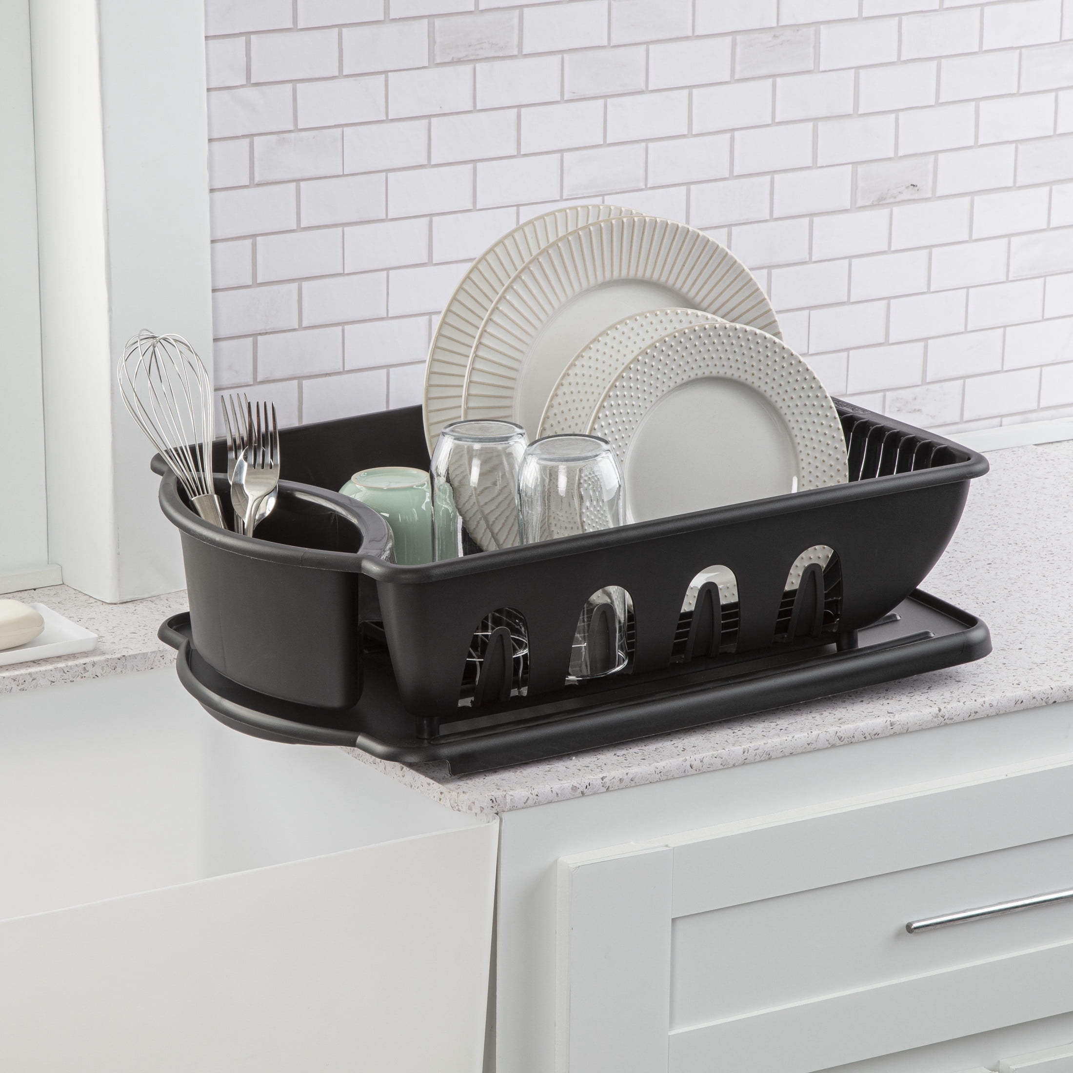 Sterilite Large 2 Piece Sink Set, Dish Drainer and Drainboard for Plates, Cups, and Flatware, Black, 6 Count