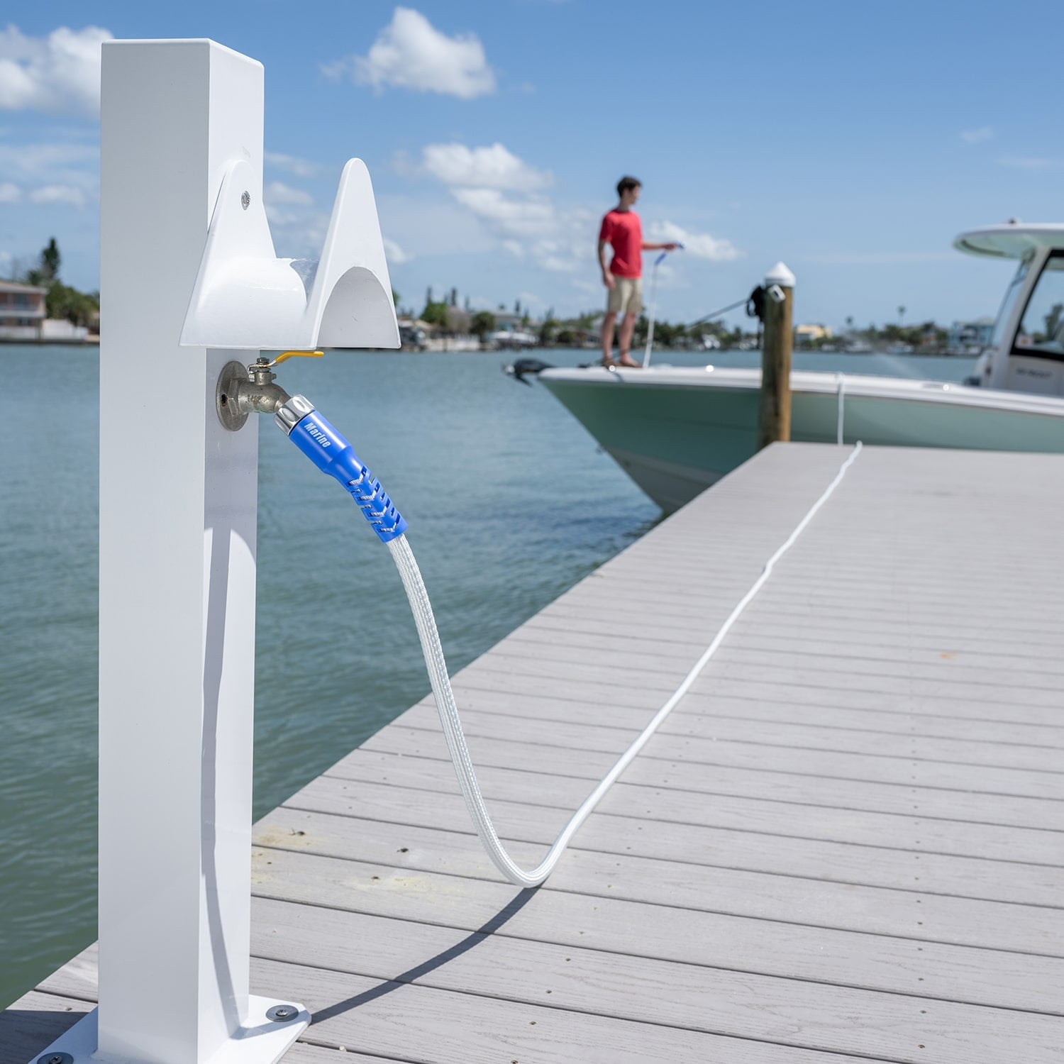 Pocket Hose 25 FT Marine, Expandable, White, Scuff Free, 3/4in, On/Off Valve, BONUS 10 Pattern Sprayer + Quick Dry Storage Bag AS SEEN ON TV Solid Aluminum/Lead-Free, Lightweight, No-Kink, All Boats