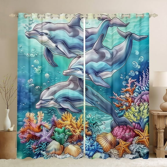 Erosebridal Animal Dolphin Curtains for Living Room,Underwater World 30%-50% Blackout Curtains Set of 2 (38x45),Ocean Decoration