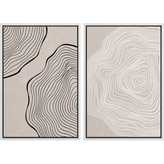 IDEA4WALL Framed Canvas Print Wall Art Set Black Tan White Tree Wood Ring Collage Wall Decorative Bohemian Retro Nature Painting Artwork for Living Room, Bedroom, Office - White 24"x36"x2