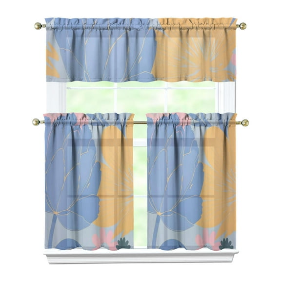 Blue and Yellow Block Flowers Kitchen Curtain Valance 3 Piece Set Short Curtain Sink Window Decor 36 Inch Small Window Treatment Tier 27.5x36 Length