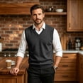 thumbnail image 6 of Dwellite Sweater Vest for Men Casual Sleeveless Knit Pullover V Neck Solid Knit Business Office Fall Winter Sweaters Dark Gray S, 6 of 8