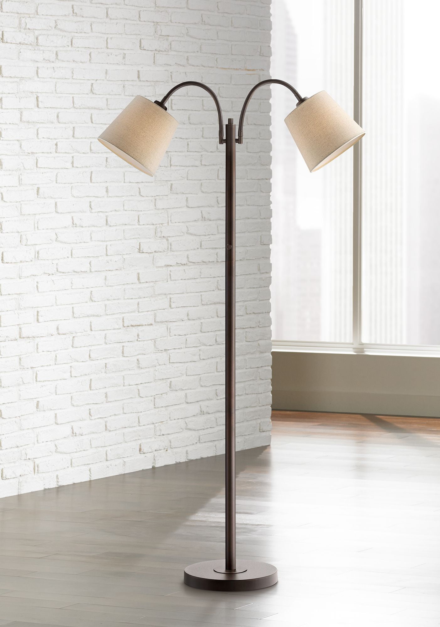 360 Lighting Modern Floor Lamp 56' Tall Dark Bronze Twin Arm Adjustable Gooseneck Neutral Cotton Drum Shade for Living Room Reading Bedroom