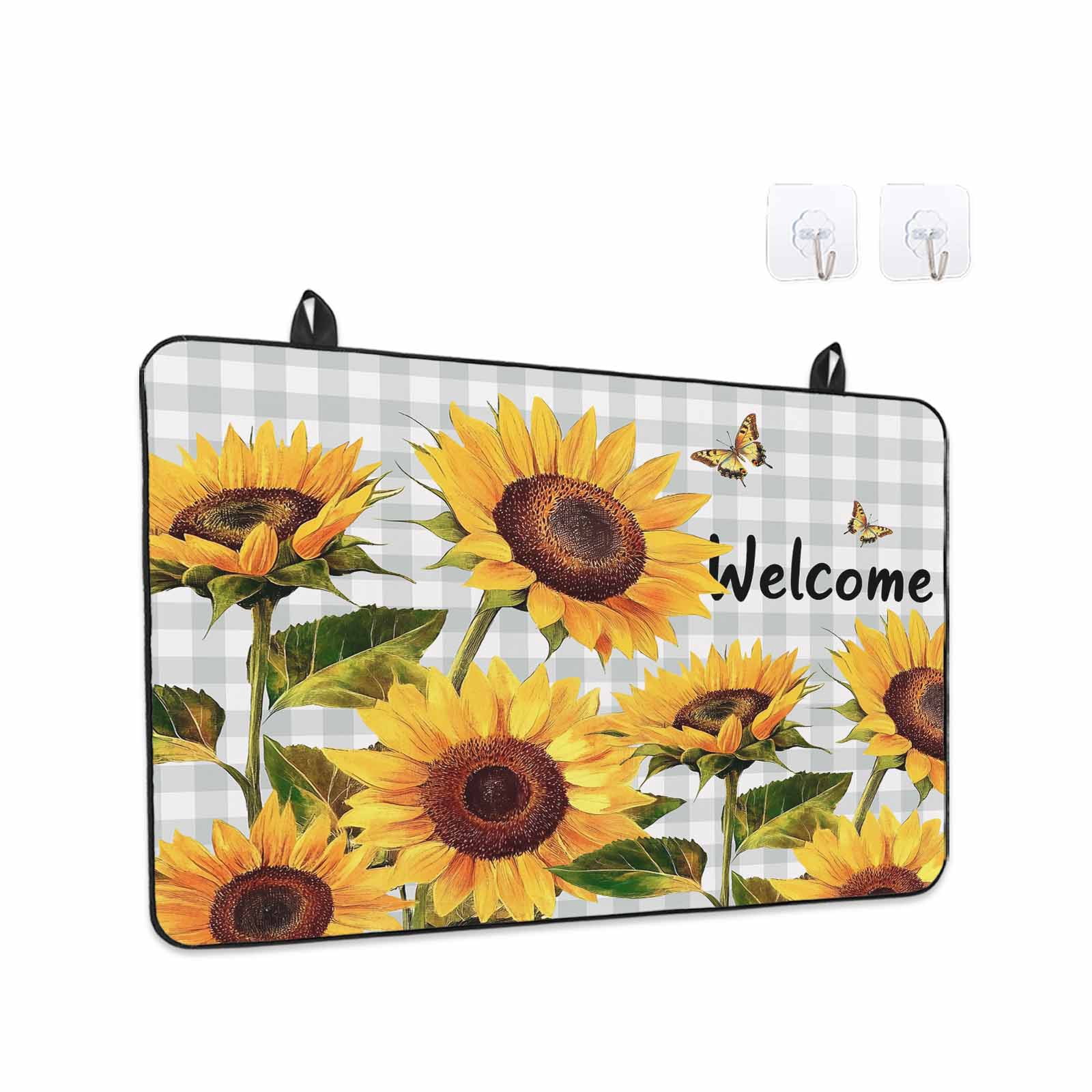 Yellow Sunflower Stove Top Cover for Electric Stove, Heat-proof & Non Slip Glass Top Stove Cover Protector, Butterfly Grey Buffalo Plaid Spring Kitchen Flat Cooktop Rubber Mat 24x21 Inches