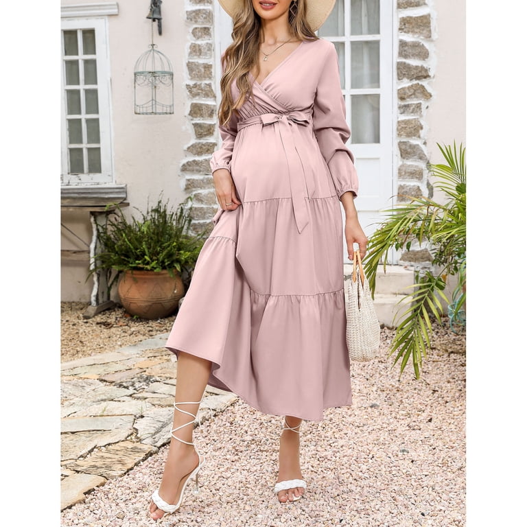 Women's Maternity Dress V-neck Long Sleeve Pleated Maternity Casual Maxi  Dresses